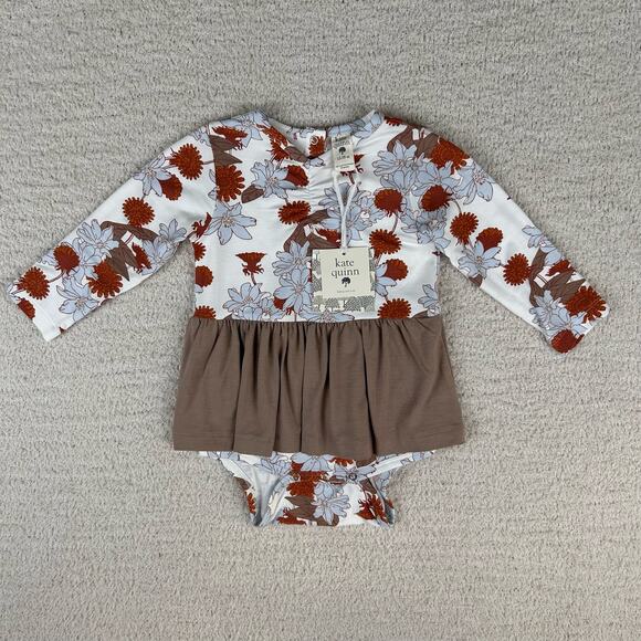 kate quinn Other - Kate Quinn Girls Skirted Bodysuit 12-18 Month Blue Brown Bamboo Floral Harvest